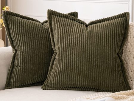 Funda Cojines de Pana para Sofa Suave Fundas de Almohada de Cama Silla Color Solido Cremallera Oculta Decoración para Sala de Estar Dormitorio Habitacion 2 Piezas 45x45cm Verde Oliva Fashion