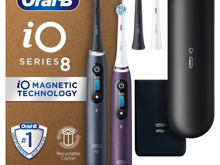 (Falta 1 cabezal, Inlcuye 3) - Cepillos de dientes eléctricos Oral-B iO 8 negro y violeta, 4 cabezales de cepillo de dientes y funda de viaje Embalaje Deteriorado Online