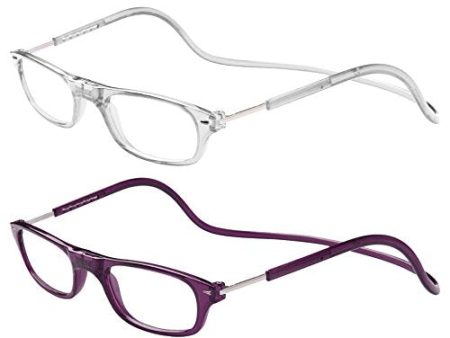 TBOC Pack: Gafas de Lectura Presbicia Vista Cansada – (Dos Unidades) Graduadas +2.00 Dioptrías Montura Transparente y Morada Oscura Hombre Mujer Plegables Lentes Aumento Leer Ver Cerca Cuello Imán Embalaje Deteriorado Supply